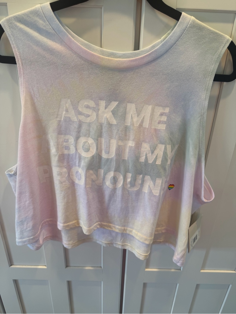 NWT Size-XL Soft pastel tie-dye tank top with white "Ask Me About My Pronouns"
